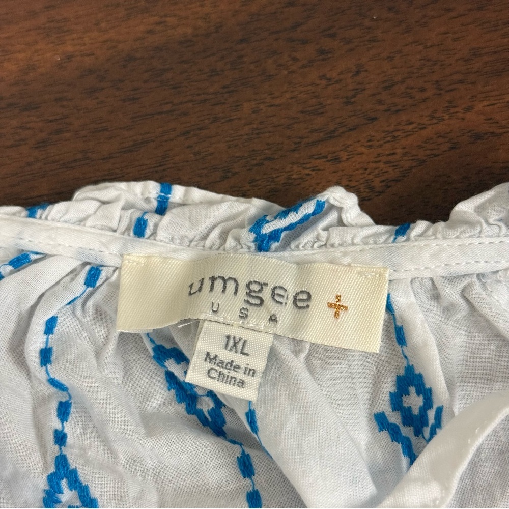 Umgee USA Plus 1XL White & Blue Embroidered Peasant Blouse - Picture 5 of 7
